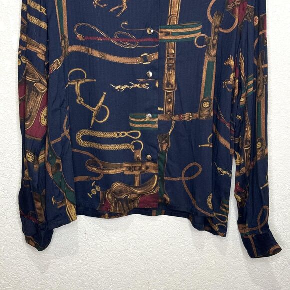 Pendleton Shirt Womens 12 Petite Navy Equestrian Horse Bridle Print 100% Rayon - Picture 4 of 6